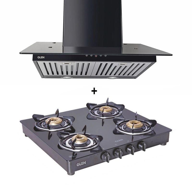 4 Burner Gas Stove Brass Burner (1043 GT) + Auto Clean Chimney with Motion Sensor 60cm 1200 m3h (6060 BL)