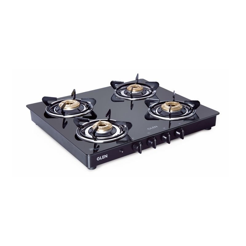4 Burner Glass Gas Stove with Brass Burner Auto Ignition, Black (1043 GT BB BL AI)