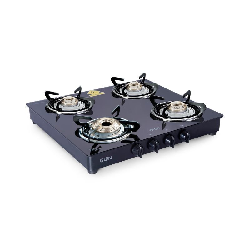 4 Burner Glass Gas Stove 1 High Flame 3 Brass Burners Black (1040 GTXL HF BB BL)